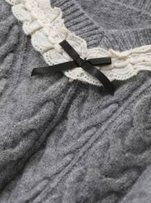 DAZY Women's V-Neck Cable Knit Lace Patchwork Warm Loose Pullover Casual Sweater Fall - Grey - View 7