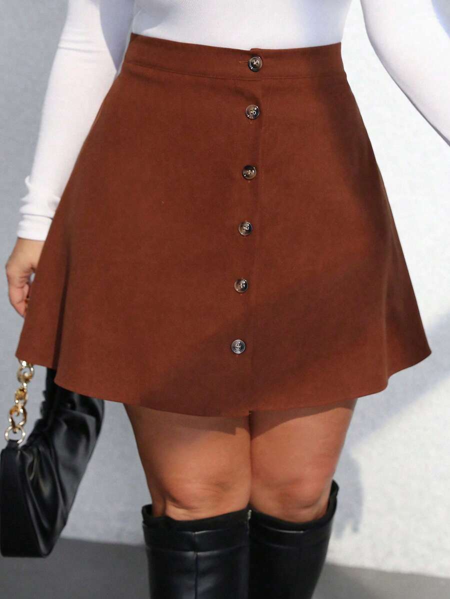 Flirla 大码复古纯色灯芯绒迷你裙