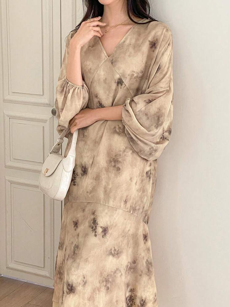 Elegant Loose V-Neck Dress For Women, With Chinese Style Aesthetic,Casual Women Dresses,Fall Dress Long Sleeve Dress