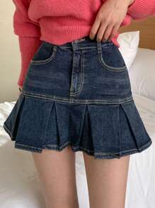 DAZY 女士深蓝色水洗蕾丝边短牛仔裙，四季牛仔裙