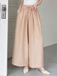 DAZY Women's Casual Loose Solid Color Pleated Wide-Leg Pants - Apricot - View 3