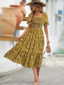 SHEIN Clasi Women's Floral Print Puff Sleeve Midi Dress