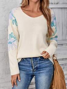 EMERY ROSE Women's Floral Print V-Neck Oversized Long Sleeve Sweater, Winter