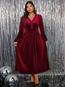 SHEIN Clasi Plus Size Women Valentine's Day Velvet Patchwork Ruffle Hem Regular Fit Elegant Long Sleeve Red Dress, Autumn/Winter