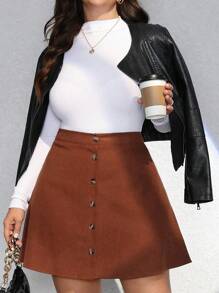 Flirla 大码复古纯色灯芯绒迷你裙