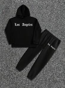 Manfinity LEGND Plus Size Men's Letter Print Hooded Sweatshirt And Sweatpants Set, Casual For Autumn/Winter - Black - View 5