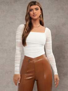 SHEIN BAE Square Neck Ruched Mesh Top - White - View 6