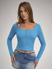 Forever 21 Blue Square Collar Basic Stretch Long Sleeve T-Shirt - Blue - View 3