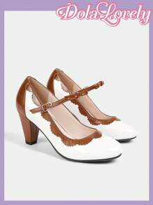 Dola Lovely Women's Pink Round Toe High Heel Mary Jane Lolita Style Classic Patchwork Pattern Shoes Valentine's Day - Brown - View 4