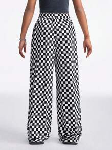 SHEIN Quần dài ống rộng co giãn màu đen và trắng cho bé gái tuổi teen mùa xuân/hè/thời trang dạo phố/kiểu quần kẻ caro cơ bản, quần áo cho cha mẹ và con cái - màu đen - Xem 2