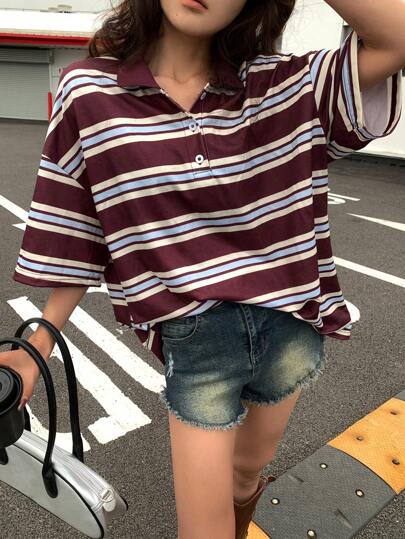 DAZY 女士休闲 Polo 领拼色条纹短袖 T 恤，夏季 Y2k 超大 T 恤