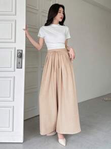 DAZY Women's Casual Loose Solid Color Pleated Wide-Leg Pants - Apricot - View 8