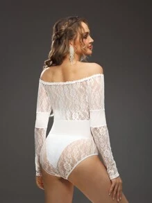 SHEIN Maternity Lace Patchwork Off-Shoulder Romper - White - View 3