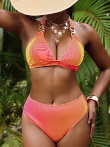 SHEIN Slayr Ombre Color 2pcs Women Halter Tie Neck Chain Bikini Set, Beachwear Summer - Coral Pink - View 4