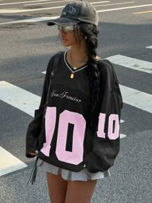 Muchica 女士新款 V 领休闲运动字母与图案拼接宽松大码长袖 T 恤，白色 - 彩色 - 查看 4