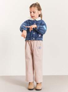 SHEIN Young Girls Pink Woven Drawstring Waist Embroidered Balloon Leg Casual Pants - Pink - View 7