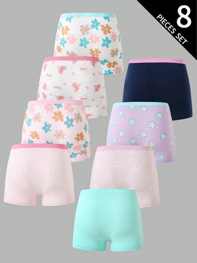 SHEIN Quần lót cotton tươi in họa tiết hoa và trái tim cho bé gái 8 chiếc/gói