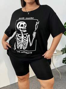 SHEIN CURVE+ Plus Size Skull & Letter Printed T-Shirt