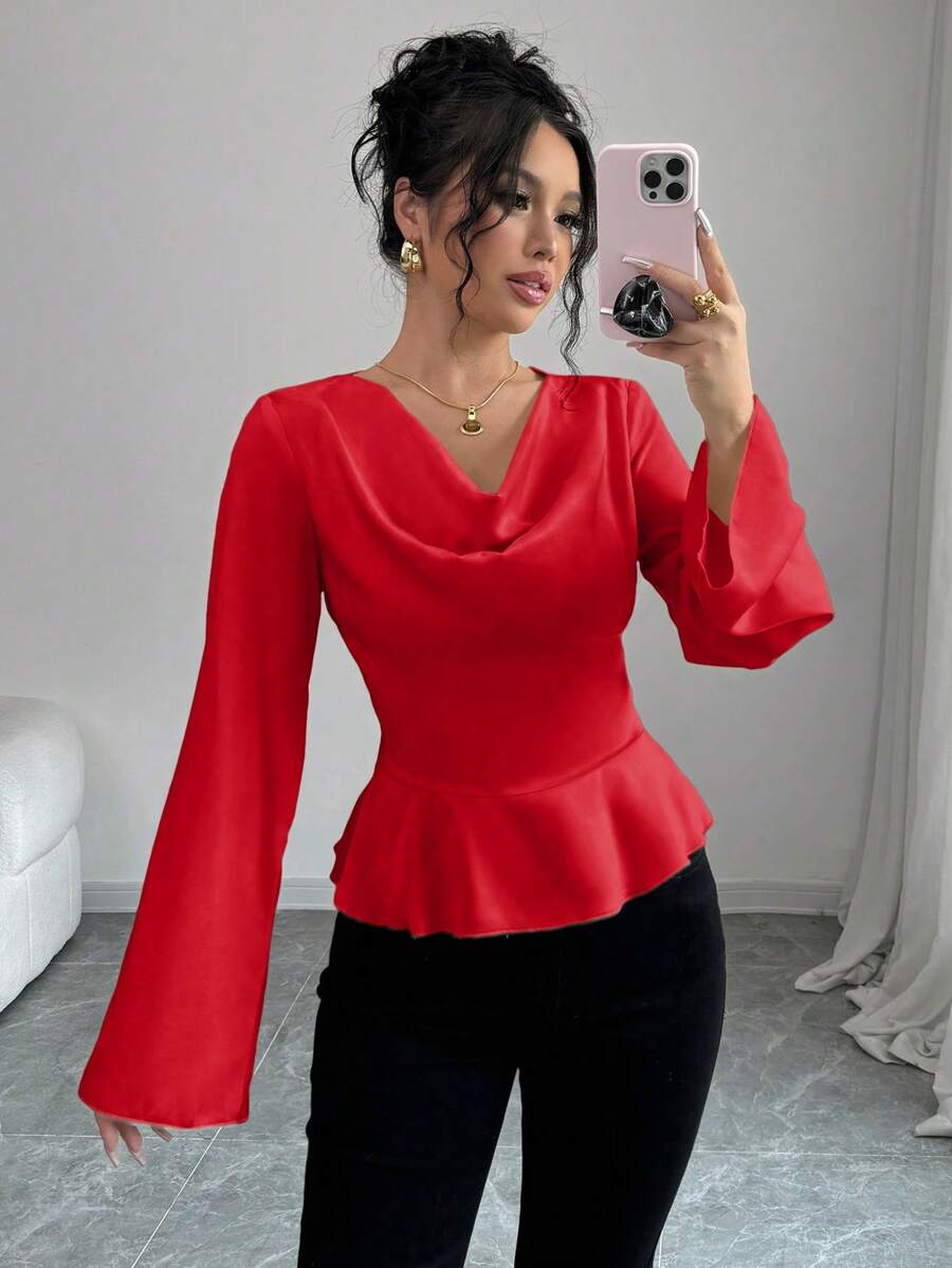 Elenzga Autumn/Winter Flounced Collar Cinched Waist A-Line Flared Long Sleeve Blouse - Red - View 1