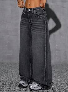 SHEIN EZwear Women Non-Stretch High Waist Wide Leg Long Jeans