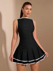 SHEIN BAE 纯色黑白优雅撞色无袖修身百褶迷你连衣裙，商务正式性感办公室制服，教师装，圣诞连衣裙，日常连衣裙，优雅连衣裙 - 黑與白 - 查看 7