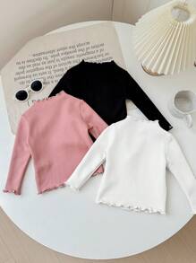 SHEIN LMoss Kids LMoss 3pcs/Set Baby Girls Cute Solid Color Knitted Thick Long Sleeve Top With Ruffle Hem, Autumn/Winter
