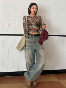 DAZY 性感女式网眼豹纹长袖 T 恤节日透视秋季女装