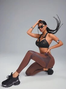 Innovista Buttery Soft Workout Sports Leggings Mixed Texture High Waisted V Waisted Butt Lifting Daily Athleisure Yoga HIIT Training Office To Gym High Stretch Tights Activewear Bottoms Fall Clothes Pocket Trousers Comfort Movement Functional Squat Proof Figure-Flattering Pants Cardio Outdoor Exercise UV Protection Sweat-Proof Healthy TT Viral IG Reel FYP INSTA OOTD Festival Fall New Style Women Contour Fit, Utilitarian Chic - Coffee Brown - View 7