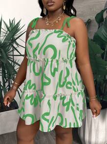 Slaydiva Plus Size Women's Loose Smock Dress, Multi-Layer Patchwork, Adjustable Knotted Shoulder Straps, Artistic Print, Mini Summer Dress For Vacation, Casual, Party