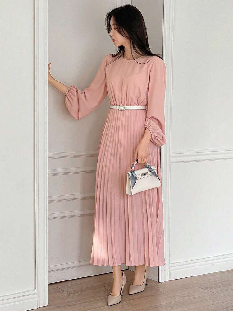 French Elegant Side Slit Waist Cinching Flowing Chiffon Dress For Women, Fall Dress Long Sleeve Dress
