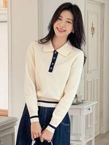 DAZY Color Block Pullover Sweater For Ladies, Elegant Style Fall - White - View 2