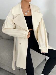 Muchica 休闲纯色双排扣风衣，秋季 - 杏色 - 查看 3