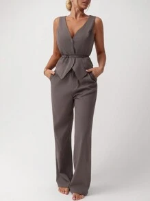 Aloruh 2pcs/Set Elegant Solid Gray Commuting Suit Jacket And Pants, Versatile - Grey - View 3