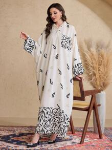 Al Najma 女式蝙蝠袖连帽土耳其和阿拉伯传统长款束腰外衣、卡夫坦和贾拉比亚，端庄大方 - 杏色 - 查看 3