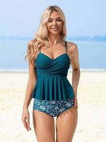 Swim Lushoire 2pcs Tankini Set For Women With Underwire Bra, Ruched Front, Tropical Plant Print, Tummy Control Summer - Teal Blue - View 3