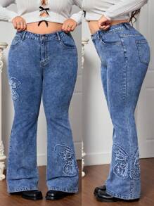 SHEIN MOD Plus Size Flared Jeans With Bowknot Decor, Stretchy & Skinny, Blue