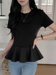 DAZY Women's Solid Color Ruffle Hem Short Sleeve T-Shirt