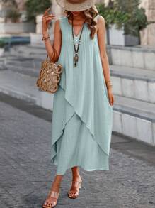 Breezaya 女士度假休闲纯色缺口领无袖连衣裙 - 綠色 - 查看 3