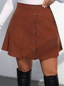 Flirla 大码复古纯色灯芯绒迷你裙