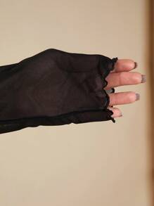 SHEIN BAE Plus Size Elegant Sweet Sexy Women's Black Mesh Asymmetrical Oblique Shoulder Long Sleeve Ruffled Hem Mini Dress, Fairy Core Dress, Suitable For Valentine's Day, Summer, Birthday, Plus Size Formal Party - Black - View 7