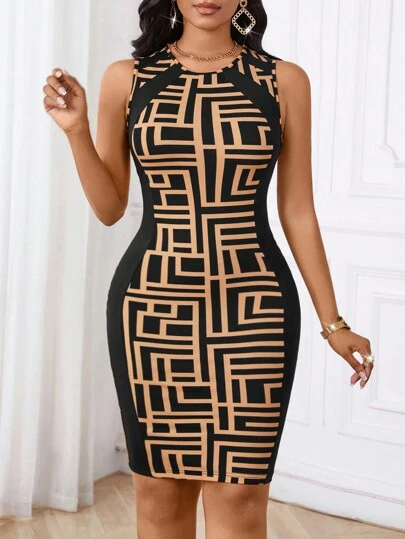SHEIN Lady 优雅派对/适合所有季节/情人节/节日连衣裙印花背心紧身连衣裙办公室连衣裙优雅时尚紧身中长连衣裙女裙新年女装黑色连衣裙女式几何印花圆领紧身迷你吊带裙