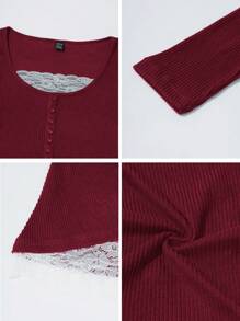 Rafferiza 女士圆领二合一蕾丝拼布 T 恤，棕色丝绒罗纹，秋冬 - 紅色 - 查看 9