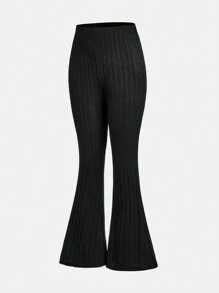 SHEIN 2 件套青少年女孩休闲罗纹针织弹力长袖短款拉链夹克和喇叭裤，秋季套装 - 黑色 - 查看 8