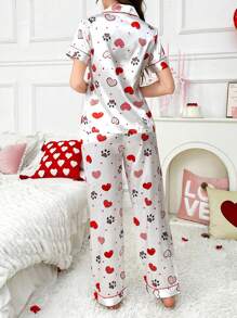 Satin-Like Heart Print Shawl Collar Cardigan Pajama Set