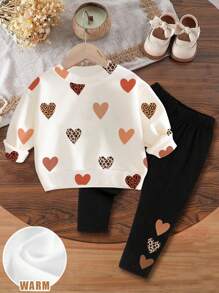 SHEIN Leap Crew Cute Leopard Print Heart Pattern, Baby Girl Casual Soft Thermal Lined Knit Crew Neck Long Sleeve Sweatshirt And Leggings Set - Multicolor - View 1