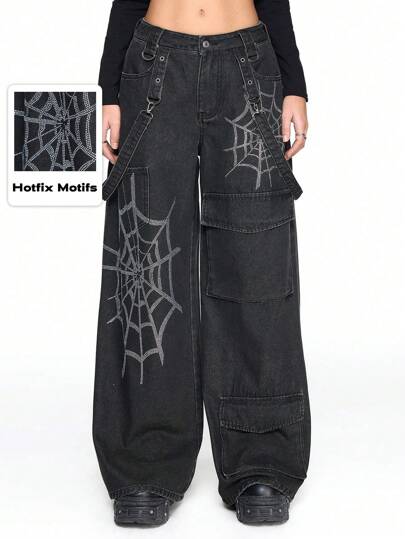 Grunge Punk Jeans cargo con estilo punk grunge, sueltos, desgastados, vintage y oversize, con bolsillos con aplicación de telaraña y rhinestones