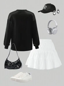 SHEIN Explorewe 2Pcs Set Teen Girl Leopard Butterfly Letter Print Blouse And White Cake Mini Skirt Cute Outfit - Black - View 3
