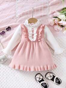 SHEIN Robe pull à col montant à manches longues avec volants et blocs de couleurs mignons pour bébé fille, robe en tricot élégante pour l'automne/l'hiver