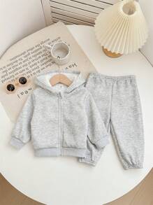 SHEIN Leap Crew 女婴/男婴中性秋冬可爱简约纯色灰色羊毛连帽运动衫和松紧腰长裤 2 件/套