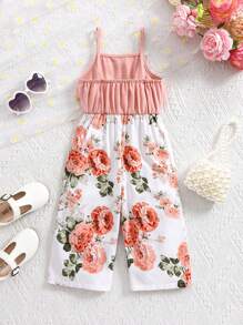 SHEIN Baby Girl Cute Floral Print Sleeveless Jumpsuit, Summer